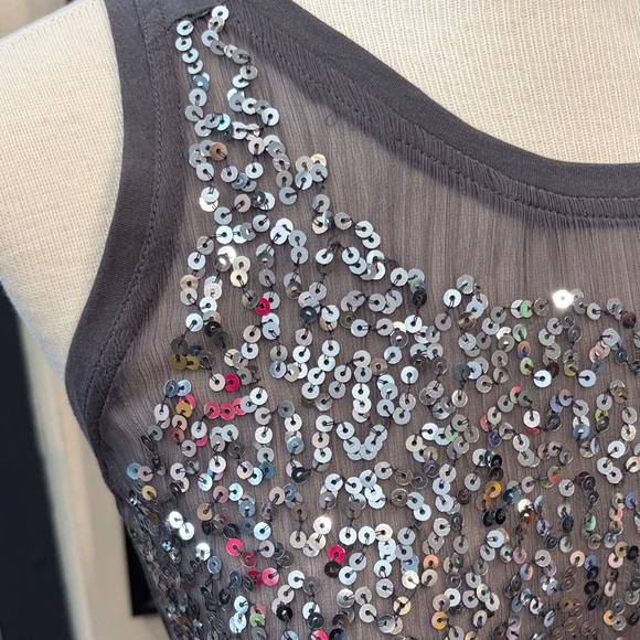 Armani Exchange Sequin Mesh Tank Top in Charcoal Silver - Picture 2 of 5